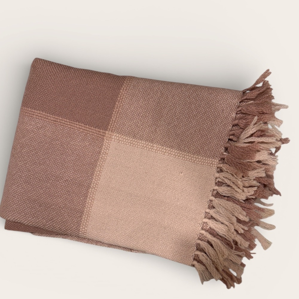 Blush Mauve Wool Blend Throw Blanket 48x78 Color Block Woven Fringe Cozy